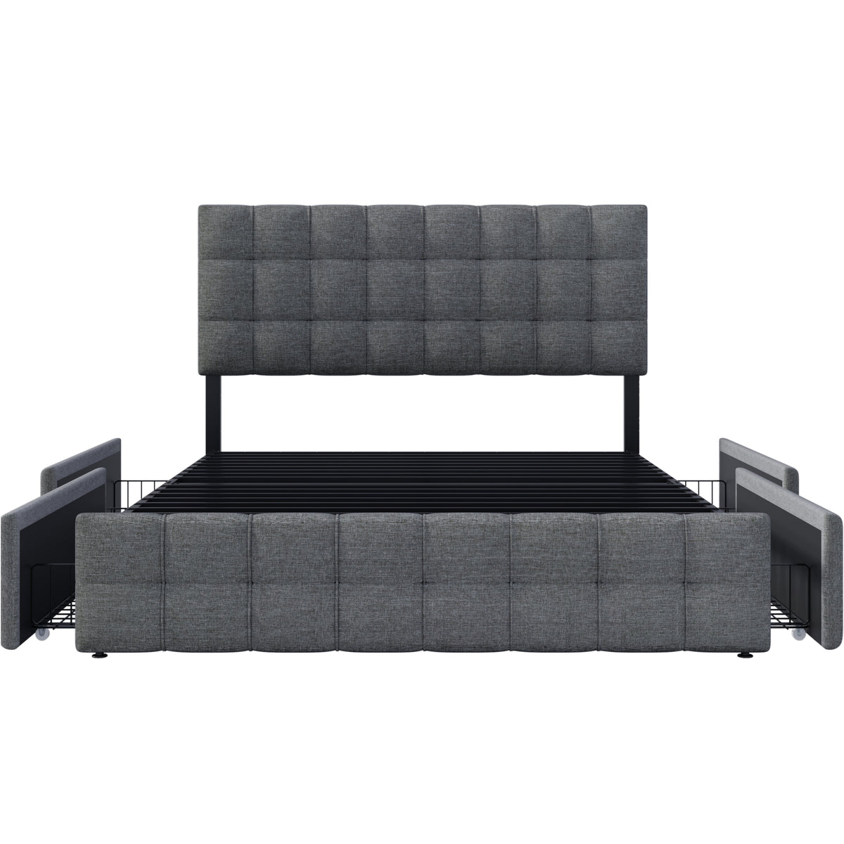Upholstered Double Bed with 4 Drawers, Adjustable Headboard and Mattress, 140x200cm, Grey Linen