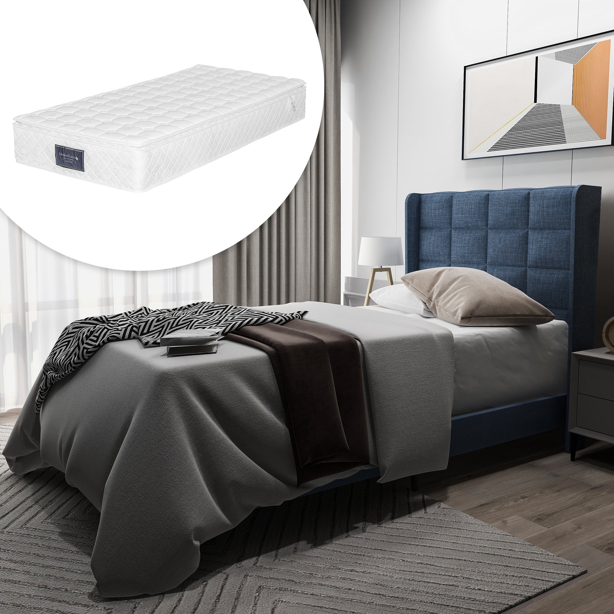 Upholstered bed with headboard, single, 90x200cm, with spring mattress, blue linen