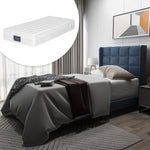 Upholstered bed with headboard, single, 90x200cm, with spring mattress, blue linen