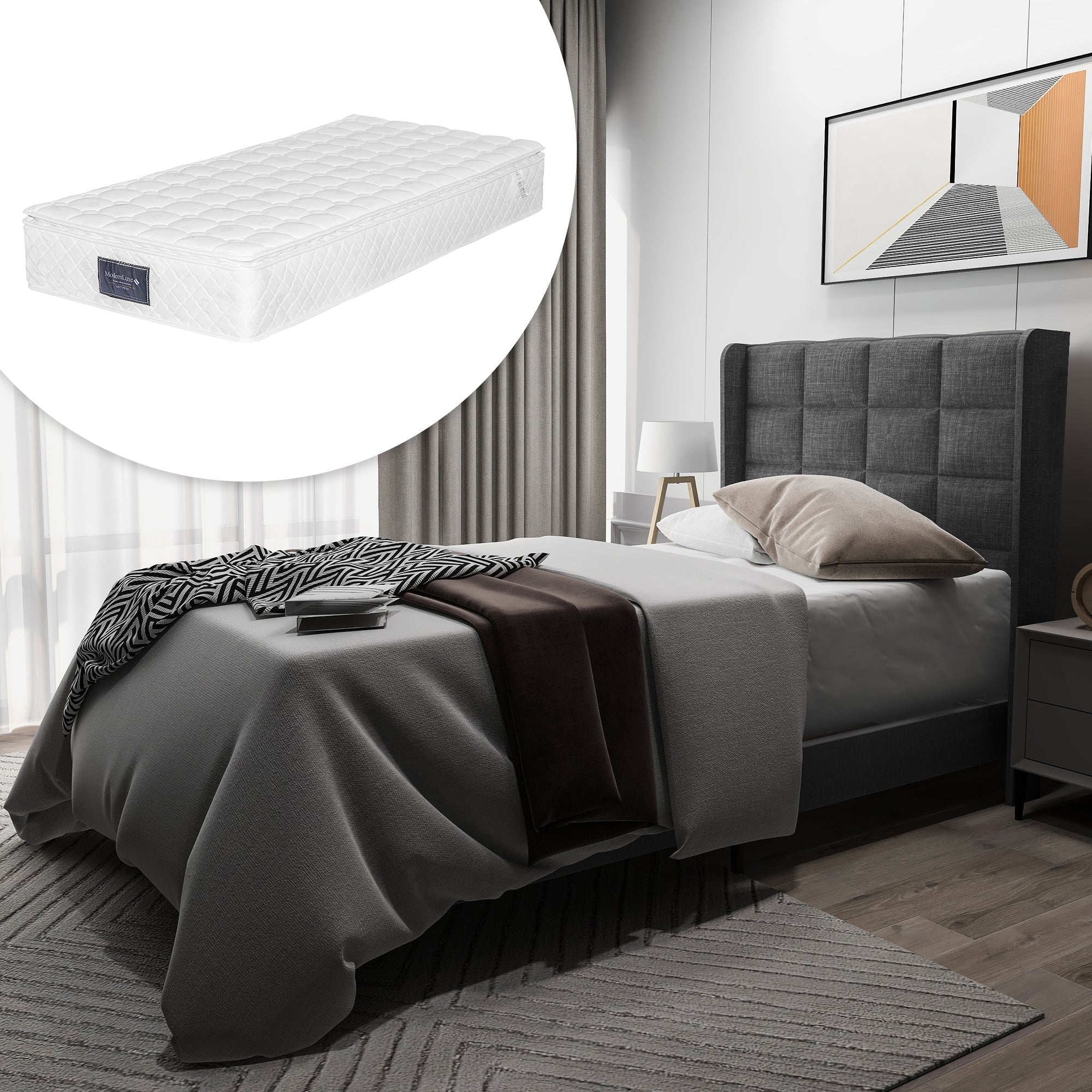 Upholstered Bed, Single with Headboard & Slatted Frame, Grey Linen