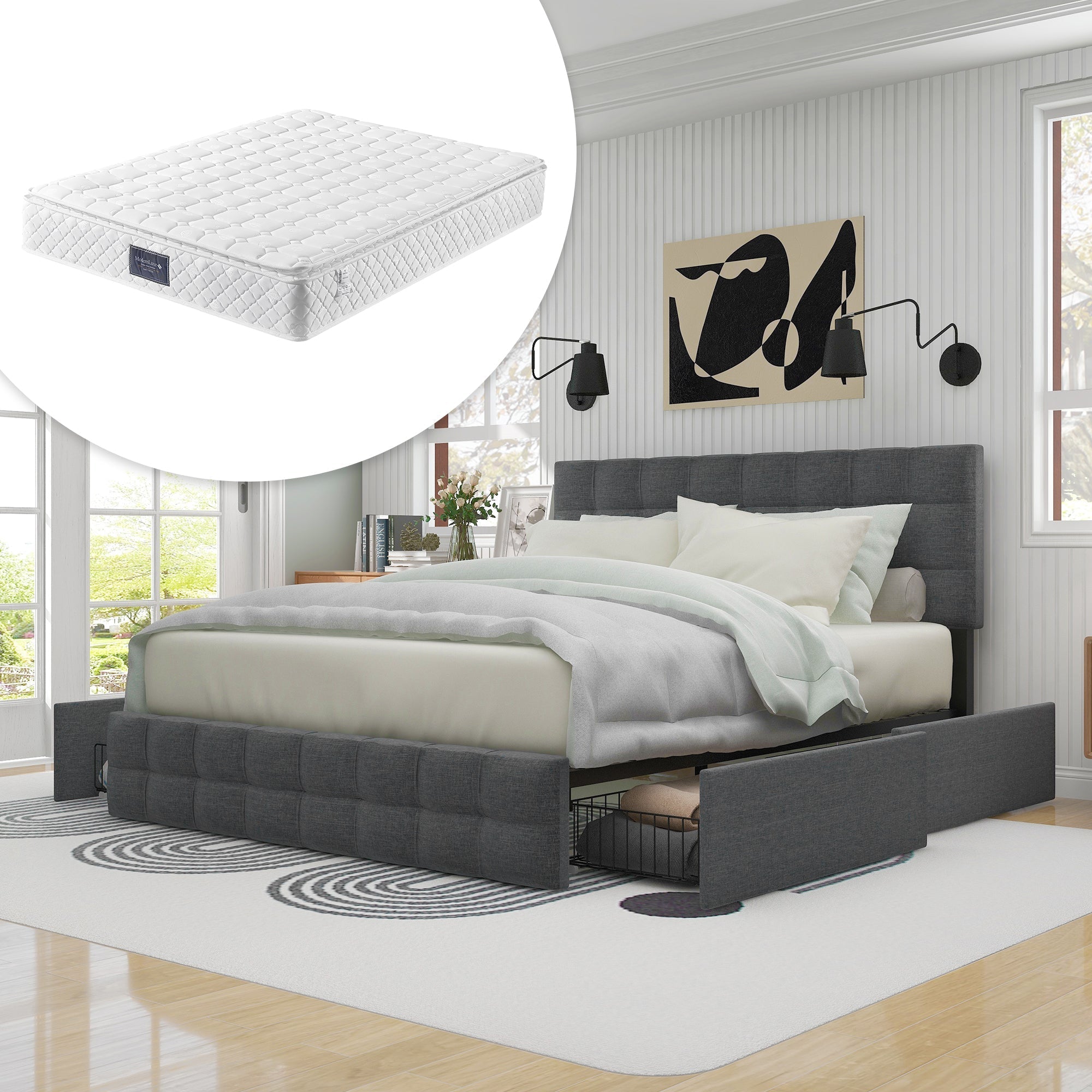 Upholstered Bed with 4 Drawers, Innerspring Mattress, Grey Linen