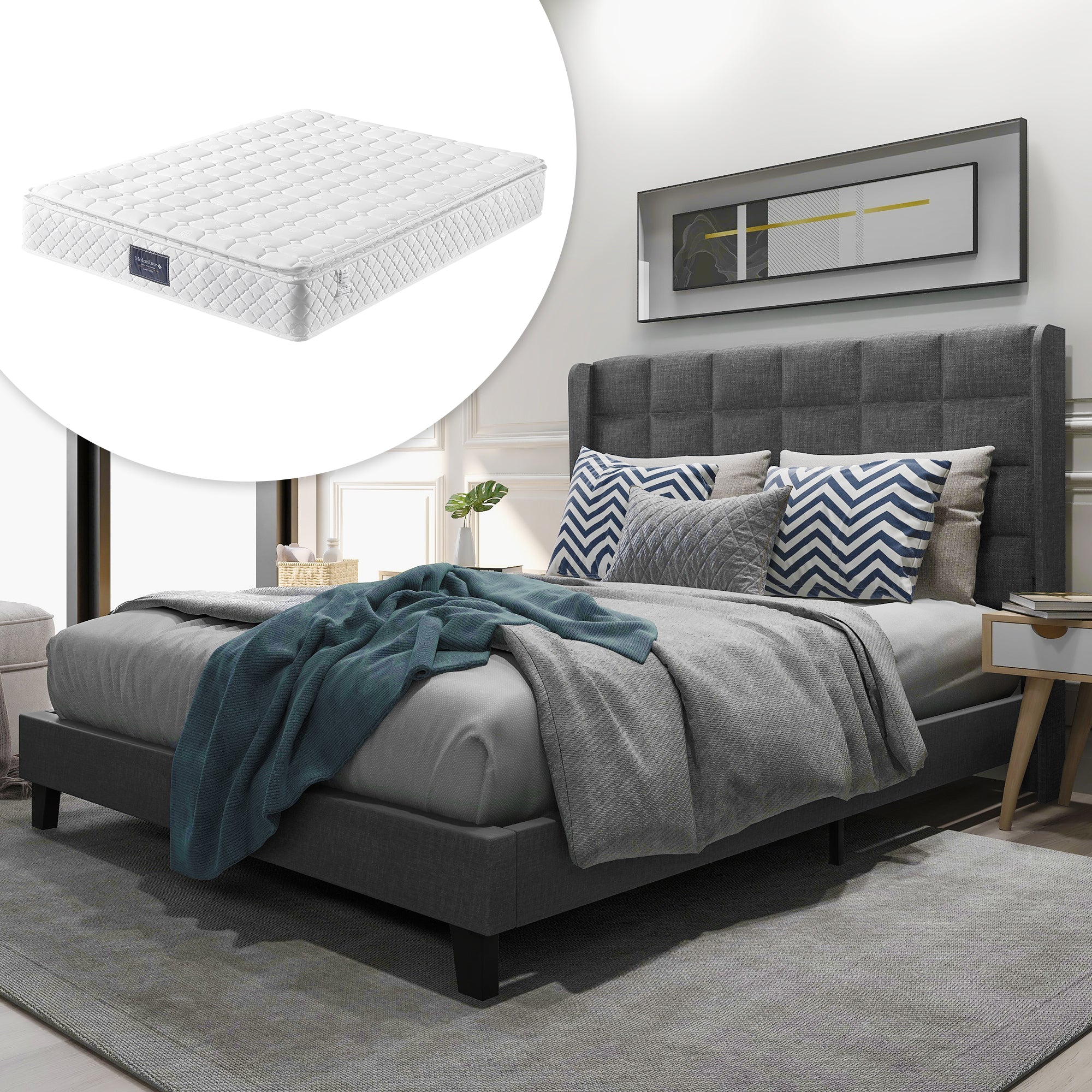Upholstered Bed, Double with Slatted Frame, 140x200cm, Grey Linen (with Spring Mattress)