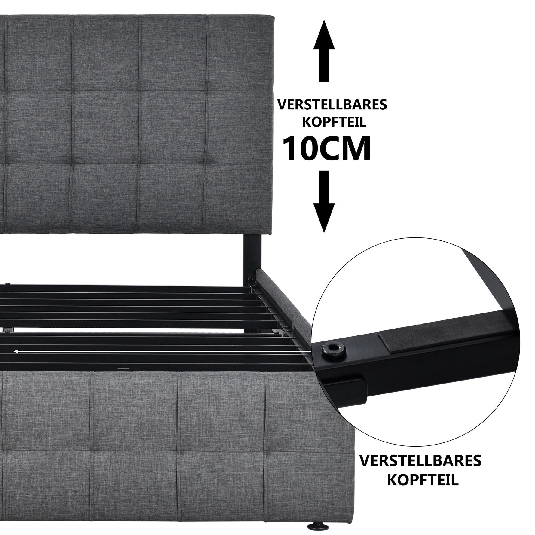 Upholstered Bed 140x200cm Storage, 4 Drawers, Adjustable Headboard, Linen Grey
