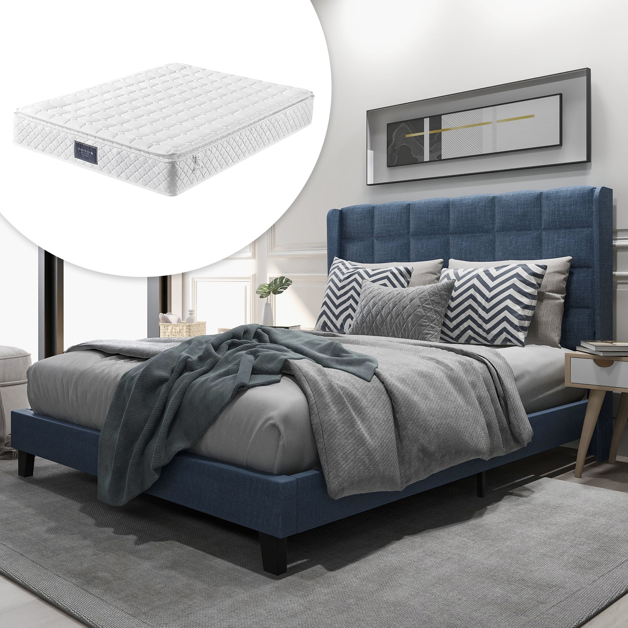 Upholstered Bed with Headboard, 140x200cm, Blue Linen