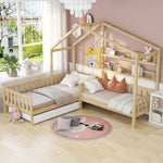Children's House Bed with Drawers & Shelves, L-Shaped, Solid Wood