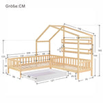 Children's House Bed with Drawers & Shelves, L-Shaped, Solid Wood