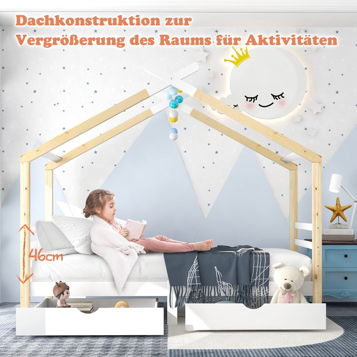 Children's Bed House Bed with Drawers, Solid Pine Wood, White + Wood Color