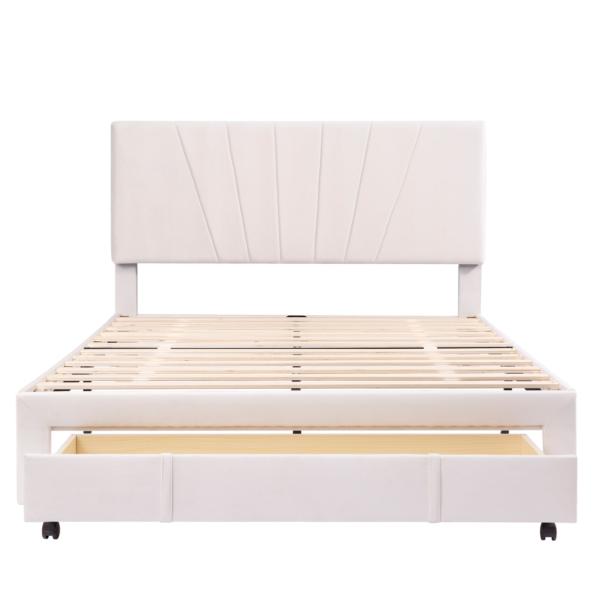 Upholstered Bed 140x200cm Slatted Base Headboard Large Drawer Flannel Beige