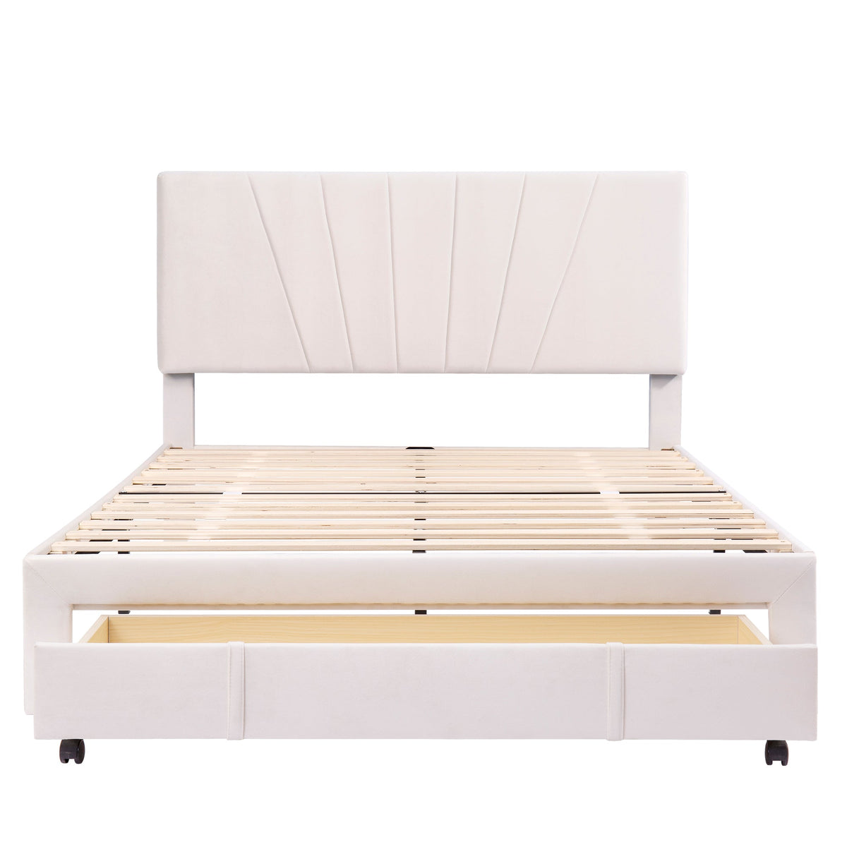 Upholstered Bed 140x200cm Slatted Base Headboard Large Drawer Flannel Beige