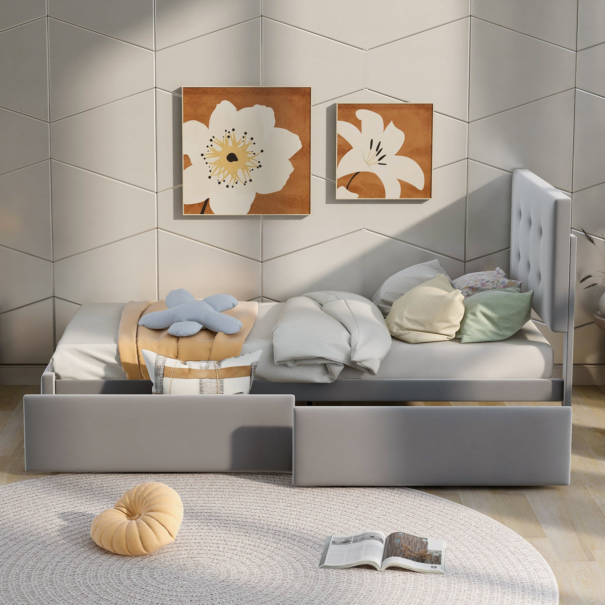 Upholstered Bed 90x200cm, Slatted Frame, Two Drawers, Adjustable Headboard, Velvet Fabric Grey
