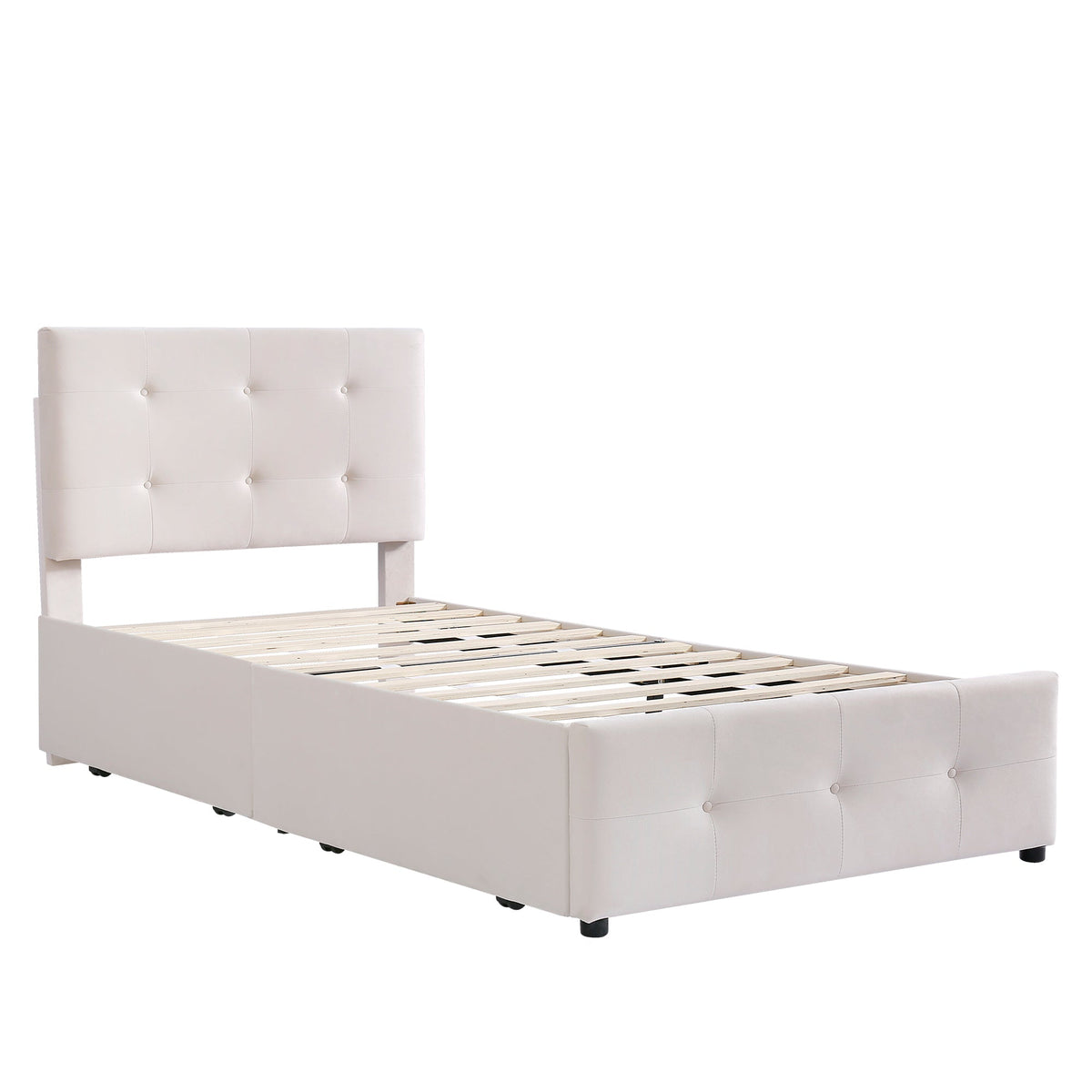 Upholstered Bed, 90x200cm with Slatted Frame & 2 Drawers, Beige Velvet