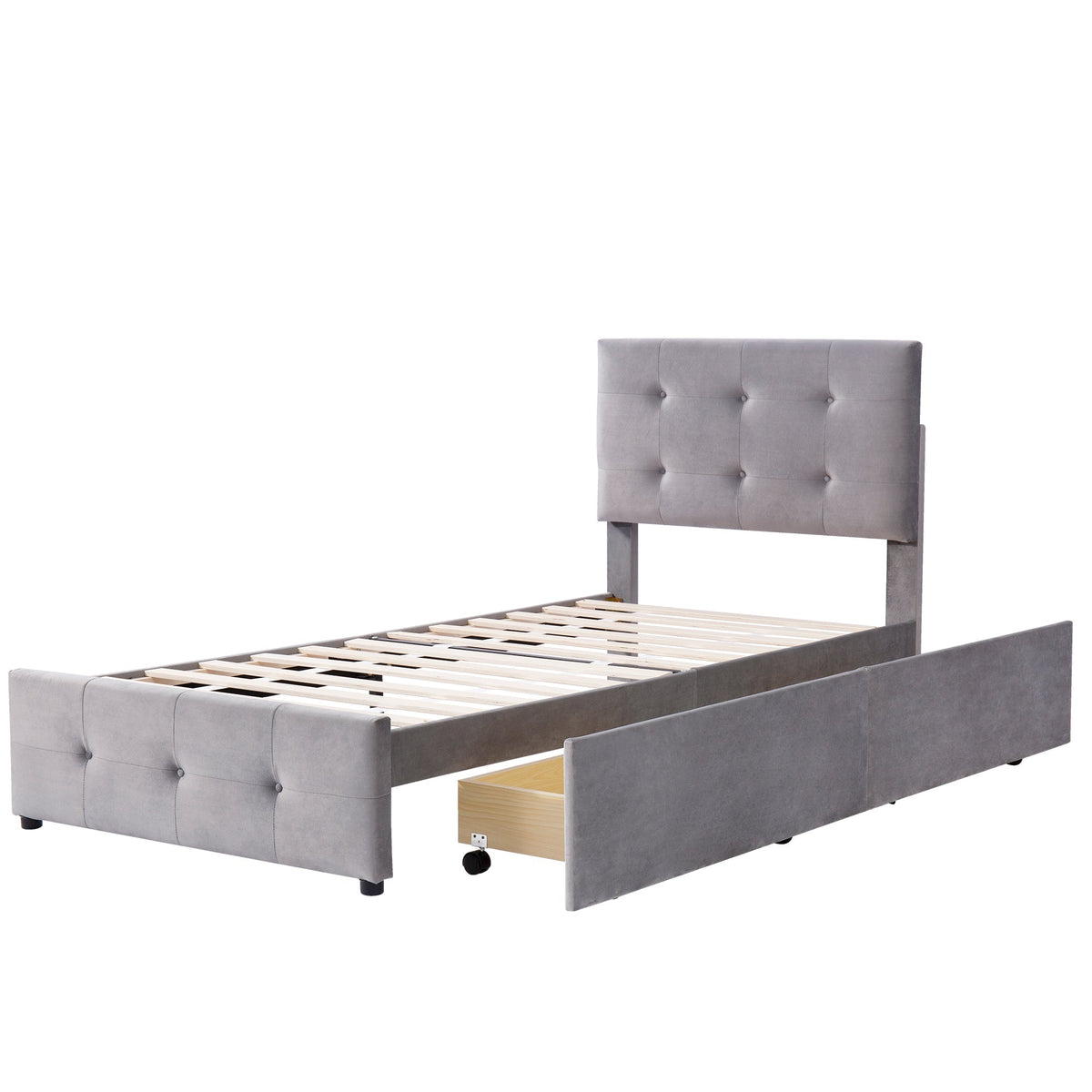 Upholstered Bed 90x200cm, Slatted Frame, Two Drawers, Adjustable Headboard, Velvet Fabric Grey