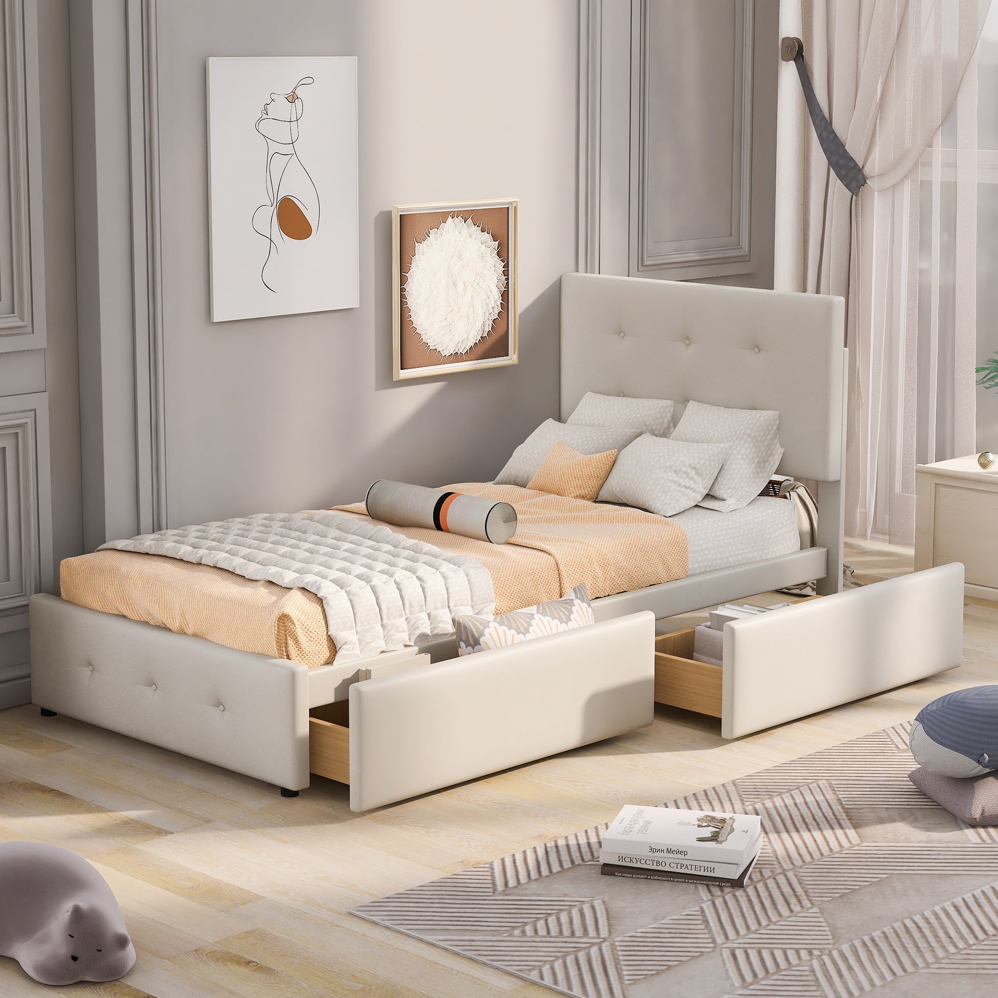 Upholstered Bed, 90x200cm with Slatted Frame & 2 Drawers, Beige Velvet