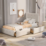 Upholstered Bed, 90x200cm with Slatted Frame & 2 Drawers, Beige Velvet