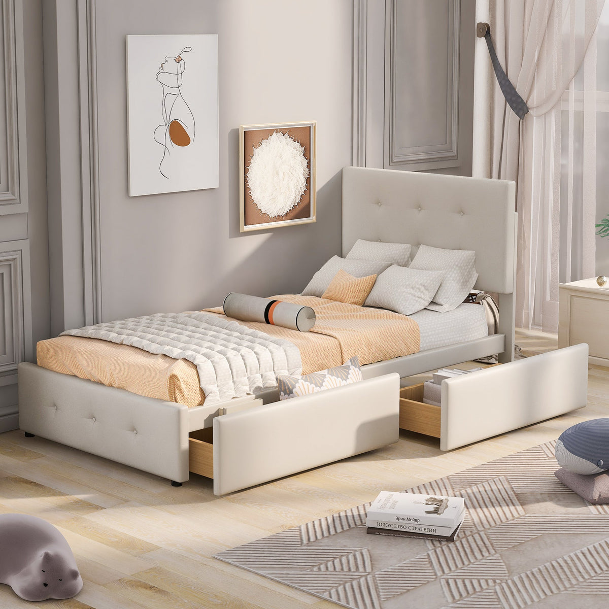 Upholstered Bed, 90x200cm with Slatted Frame & 2 Drawers, Beige Velvet