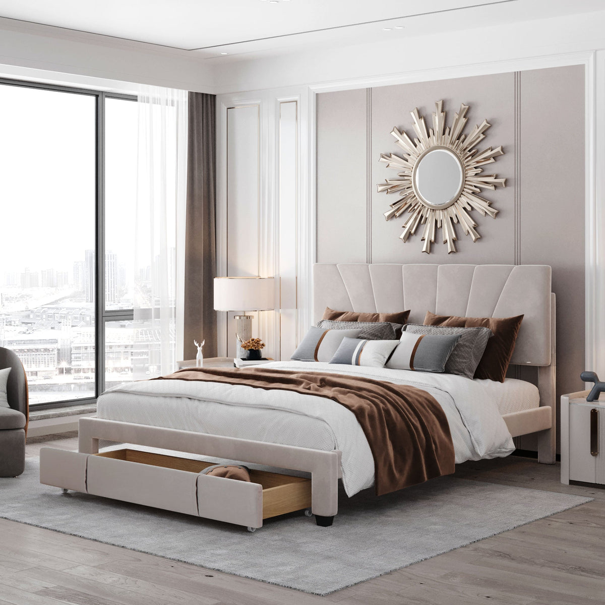 Upholstered Bed 140x200cm Slatted Base Headboard Large Drawer Flannel Beige