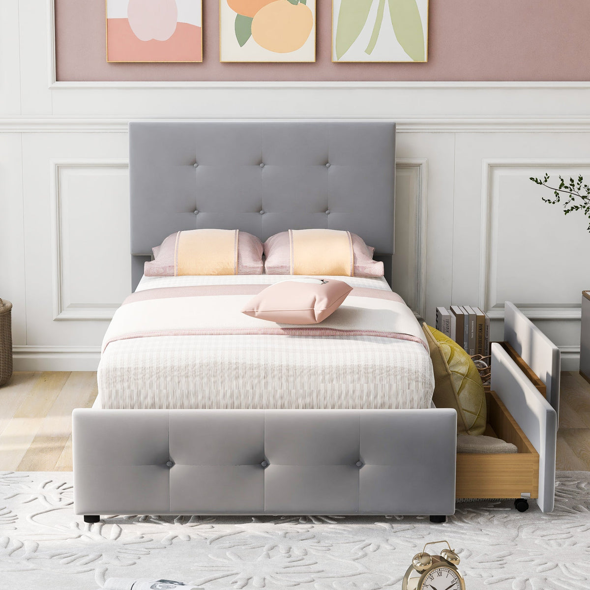 Upholstered Bed 90x200cm, Slatted Frame, Two Drawers, Adjustable Headboard, Velvet Fabric Grey