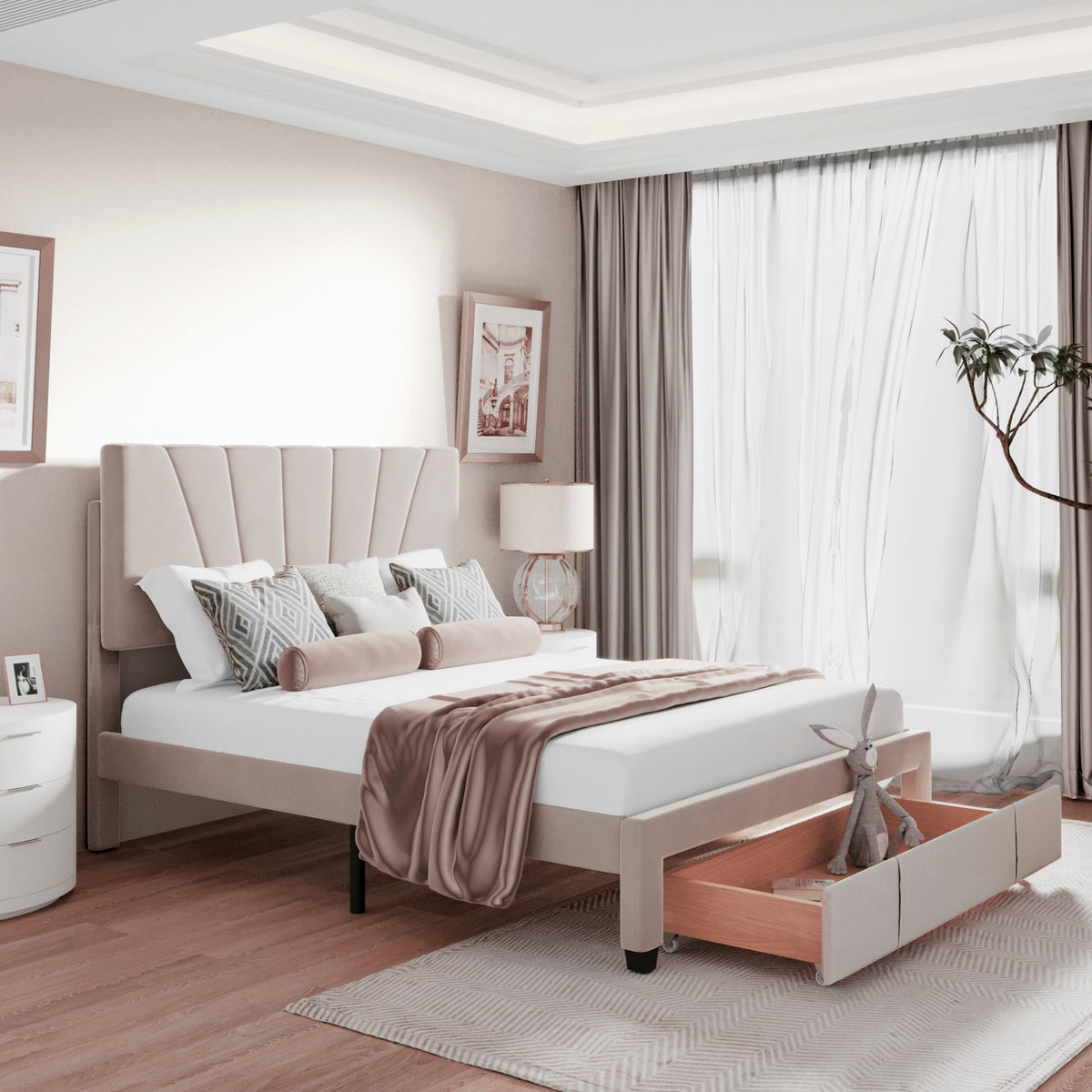 Upholstered Bed 140x200cm Slatted Base Headboard Large Drawer Flannel Beige