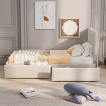 Upholstered Bed, 90x200cm with Slatted Frame & 2 Drawers, Beige Velvet