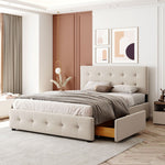 Upholstered Bed, 140x200cm Double with Drawers & Slats, Beige Velvet