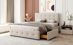 Upholstered Bed, 140x200cm Double with Drawers & Slats, Beige Velvet