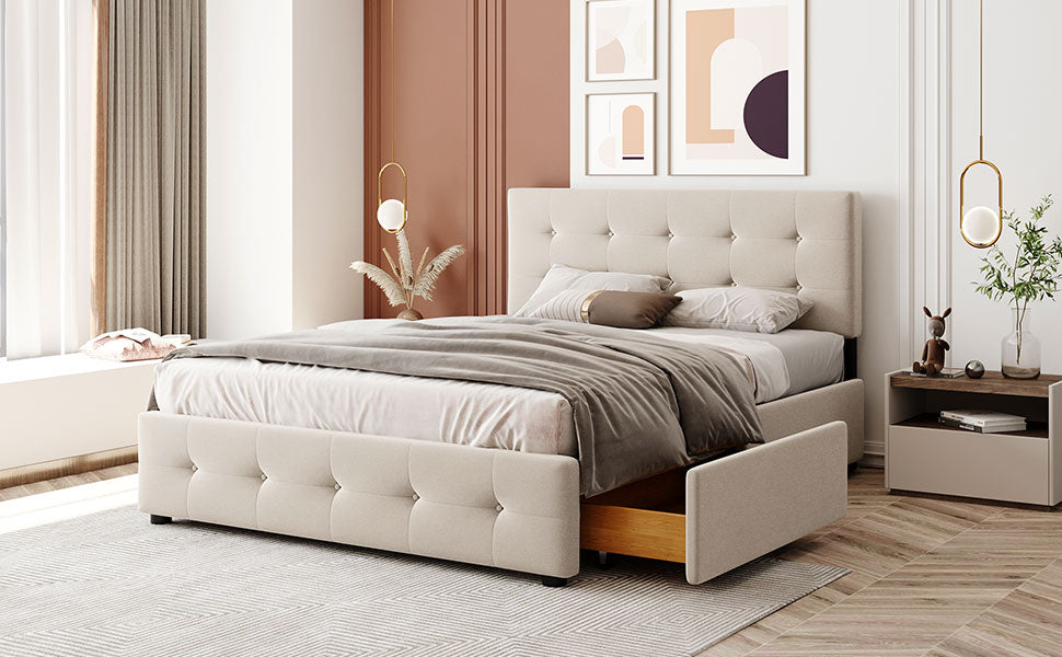 Upholstered Bed, 140x200cm Double with Drawers & Slats, Beige Velvet