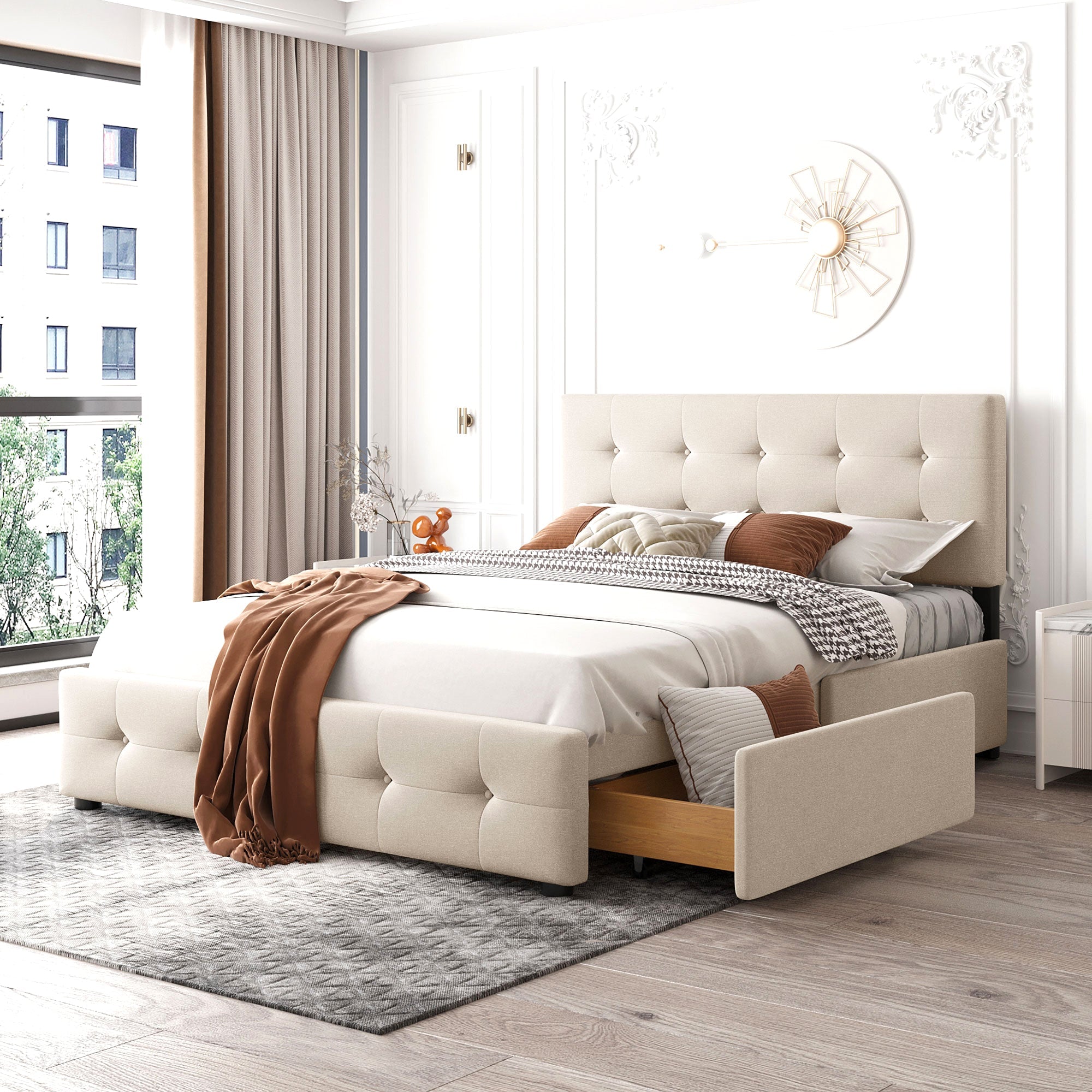 Upholstered Bed, 140x200cm Double with Drawers & Slats, Beige Velvet