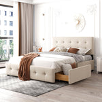 Upholstered Bed, 140x200cm Double with Drawers & Slats, Beige Velvet