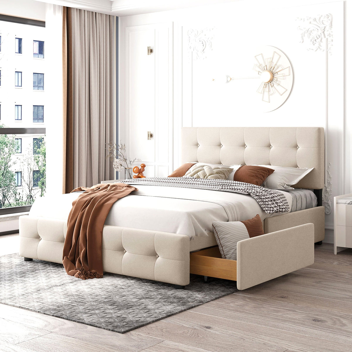 Upholstered Bed, 140x200cm Double with Drawers & Slats, Beige Velvet