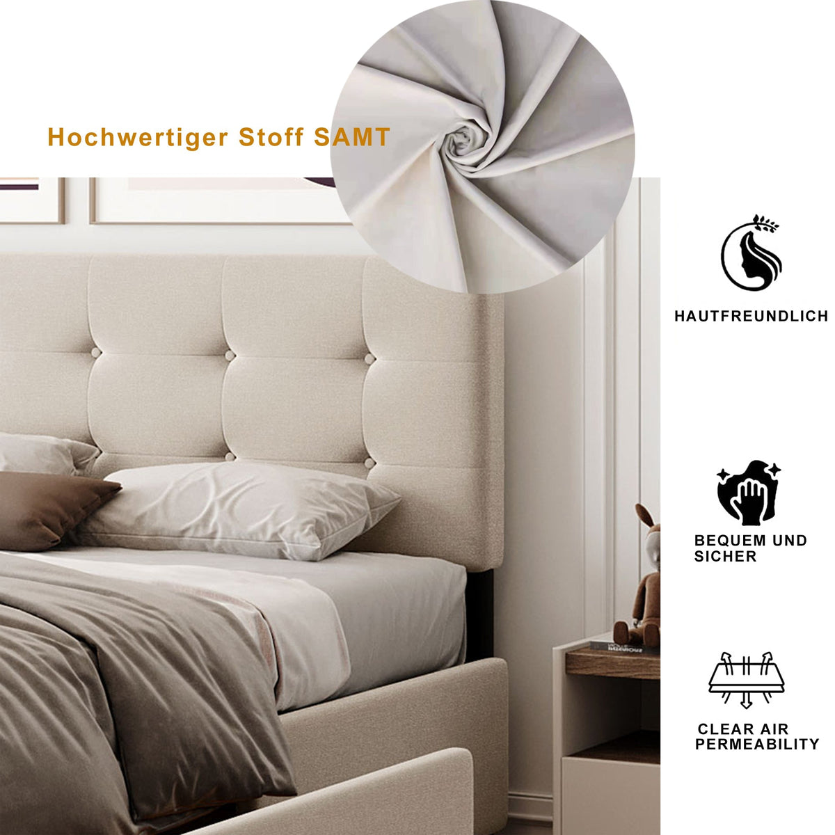 Upholstered Bed, 140x200cm Double with Drawers & Slats, Beige Velvet
