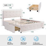 Upholstered Bed, 140x200cm Double with Drawers & Slats, Beige Velvet