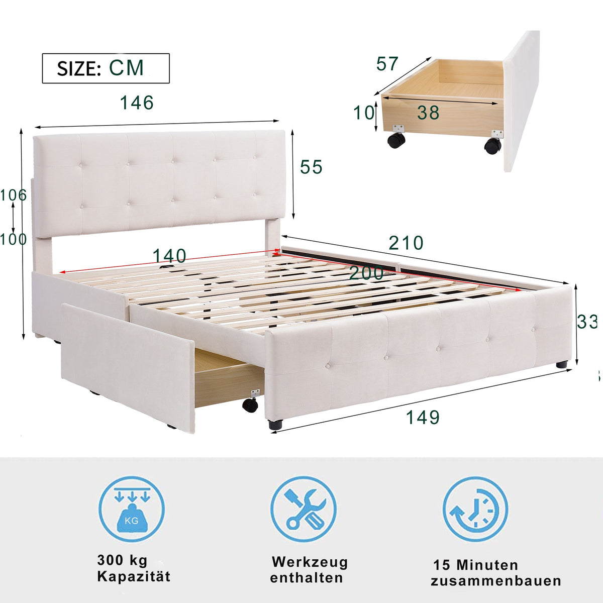 Upholstered Bed, 140x200cm Double with Drawers & Slats, Beige Velvet