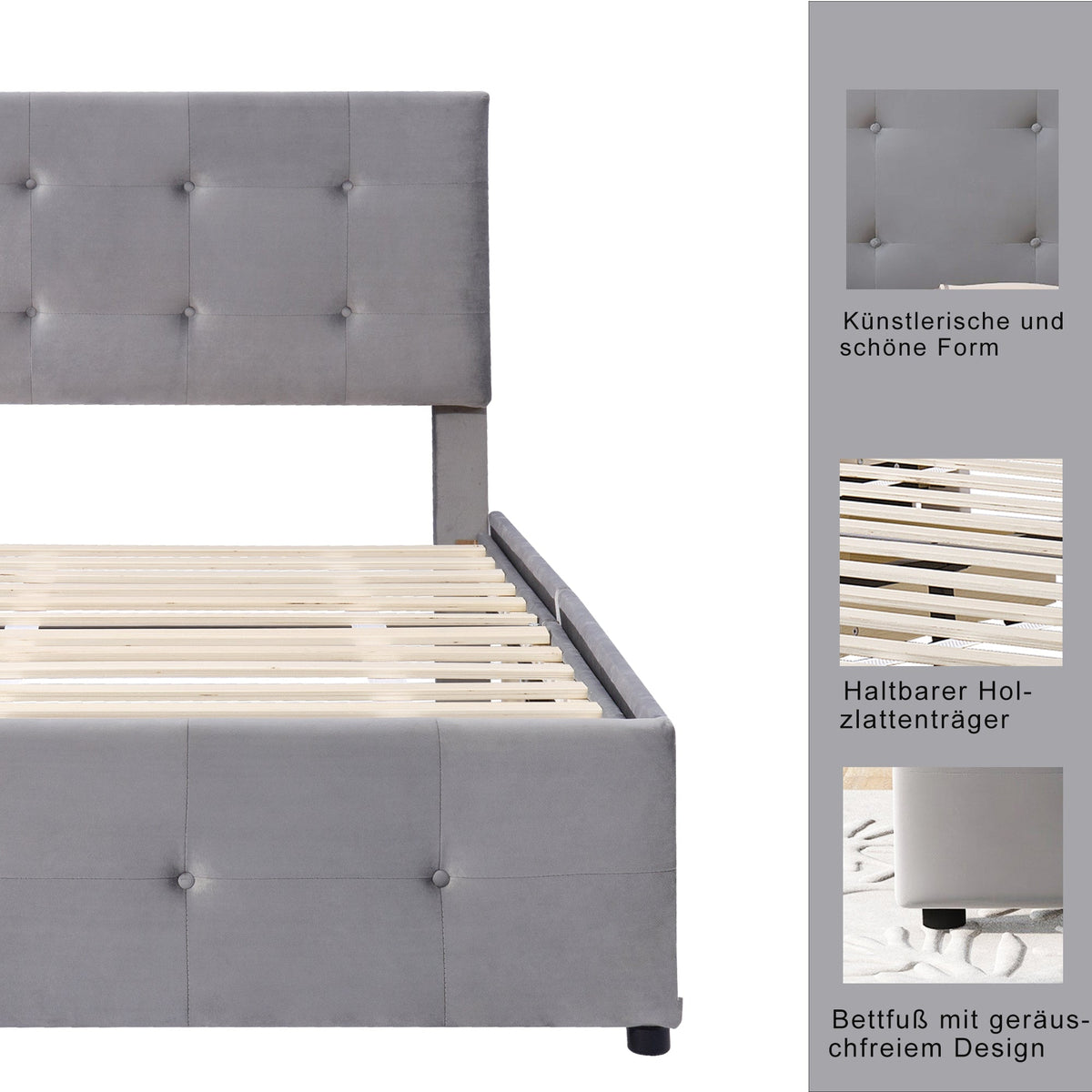 Upholstered Bed 90x200cm, Slatted Frame, Two Drawers, Adjustable Headboard, Velvet Fabric Grey