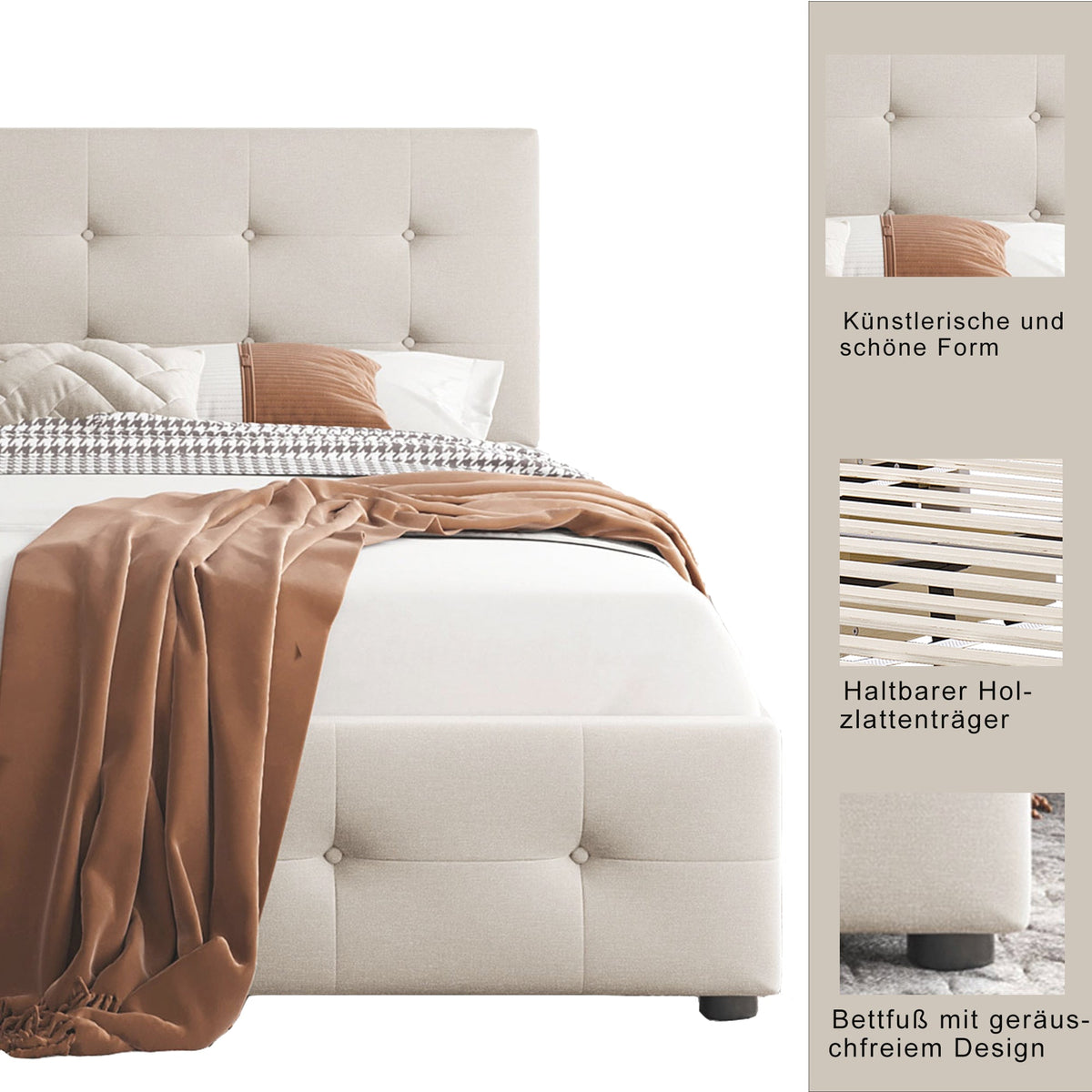 Upholstered Bed, 90x200cm with Slatted Frame & 2 Drawers, Beige Velvet