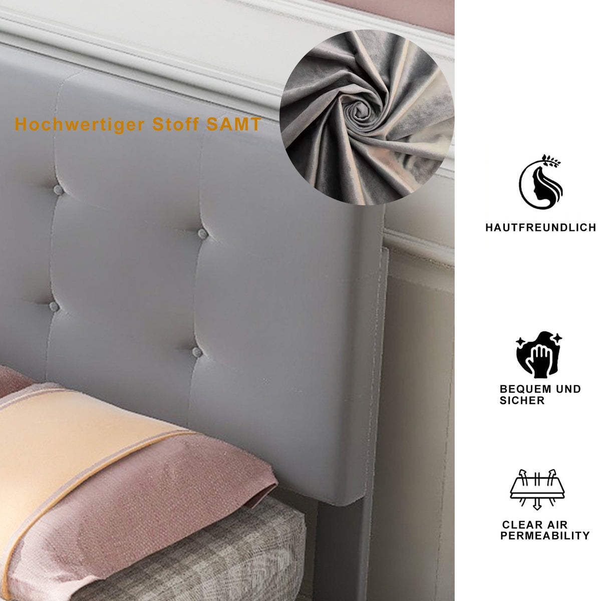 Upholstered Bed 90x200cm, Slatted Frame, Two Drawers, Adjustable Headboard, Velvet Fabric Grey