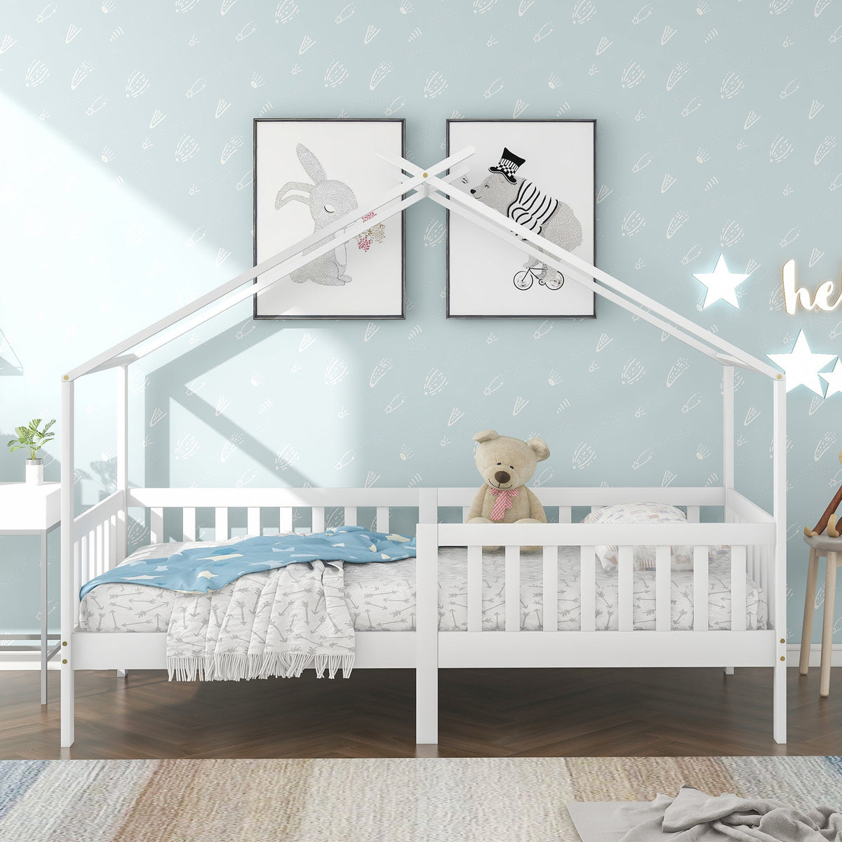 House Bed, Solid Wood Children's Bed with Railing, Slatted Base, Fall Protection, White 200x90 cm