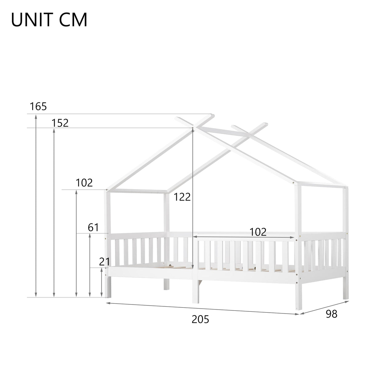 House Bed, Solid Wood Children's Bed with Railing, Slatted Base, Fall Protection, White 200x90 cm