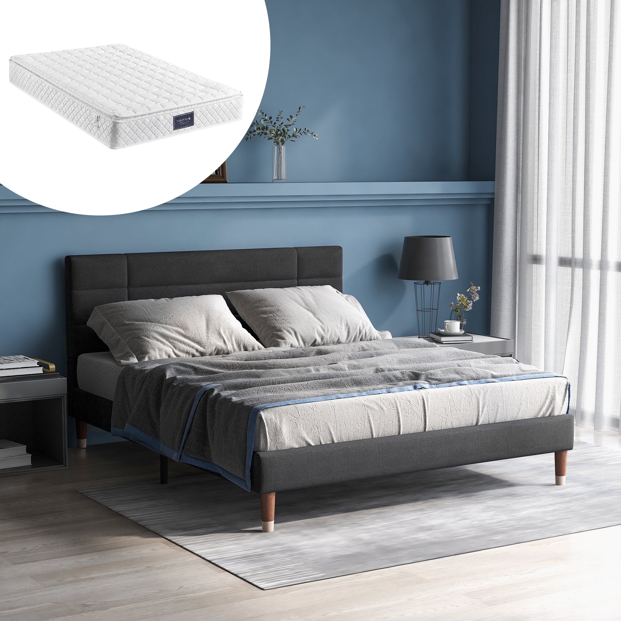 Upholstered Bed, 140x200cm Double with Bed Box & Slatted Frame, Innerspring Mattress