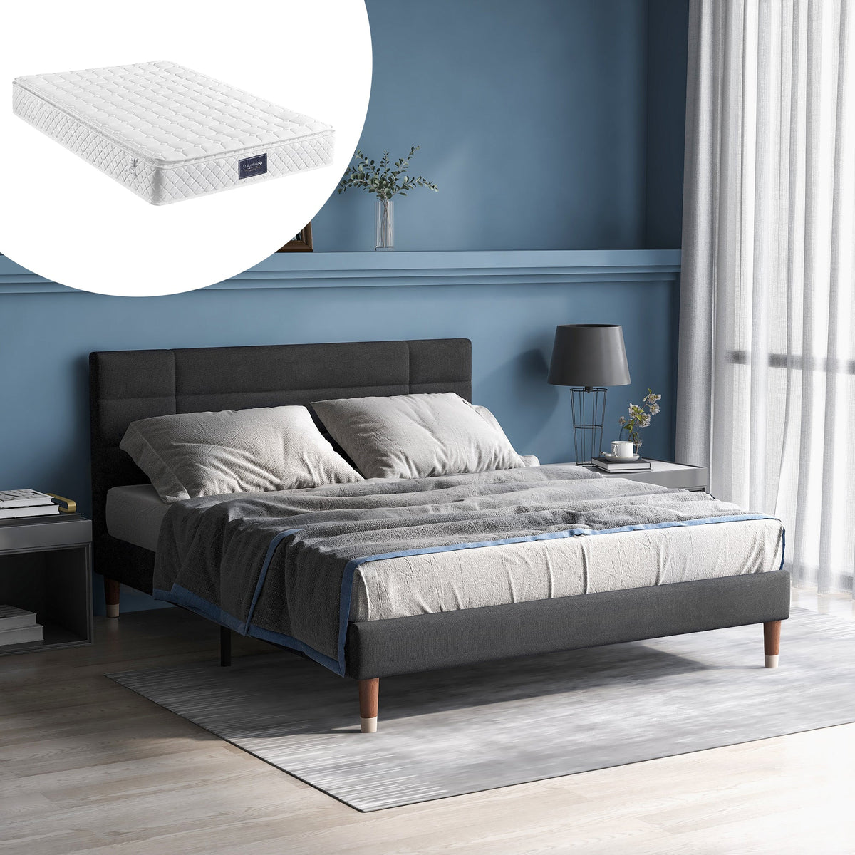 Upholstered Bed, 140x200cm Double with Bed Box & Slatted Frame, Innerspring Mattress