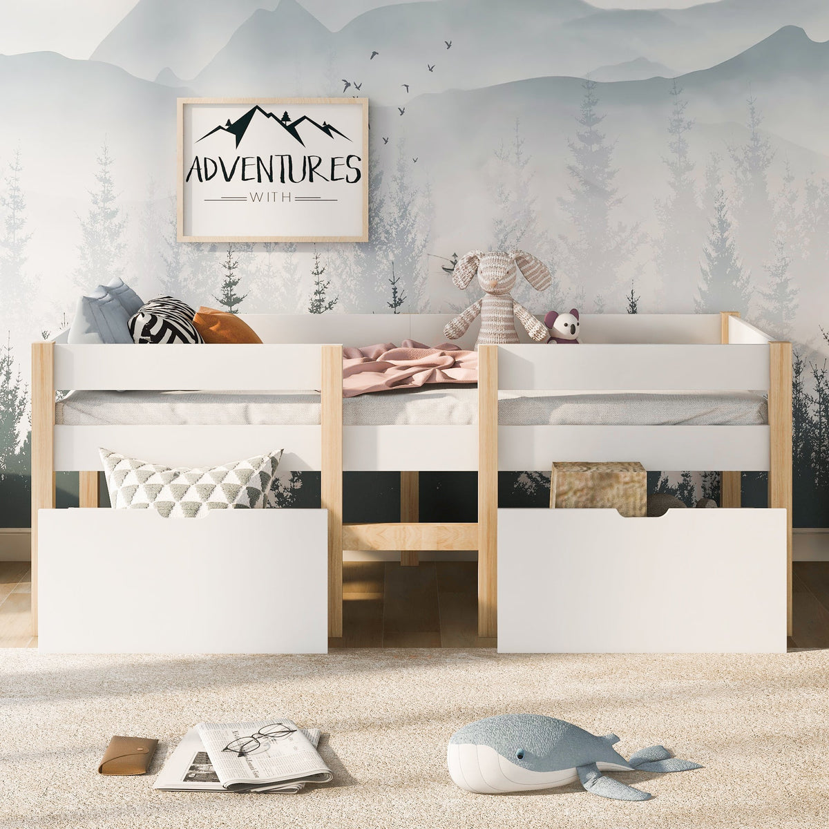 Children's Bed with Drawer & Fall Protection, 90x190cm, Solid Pine Wood, White & Oak