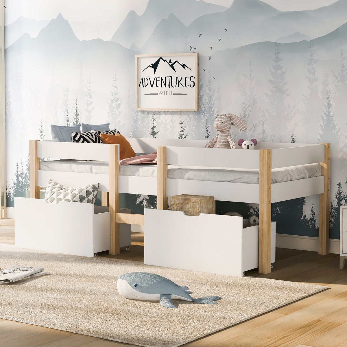 Children's Bed with Drawer & Fall Protection, 90x190cm, Solid Pine Wood, White & Oak