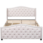 Upholstered Bed 160x200cm with 2 Drawers Rivet Headboard - White Faux Leather