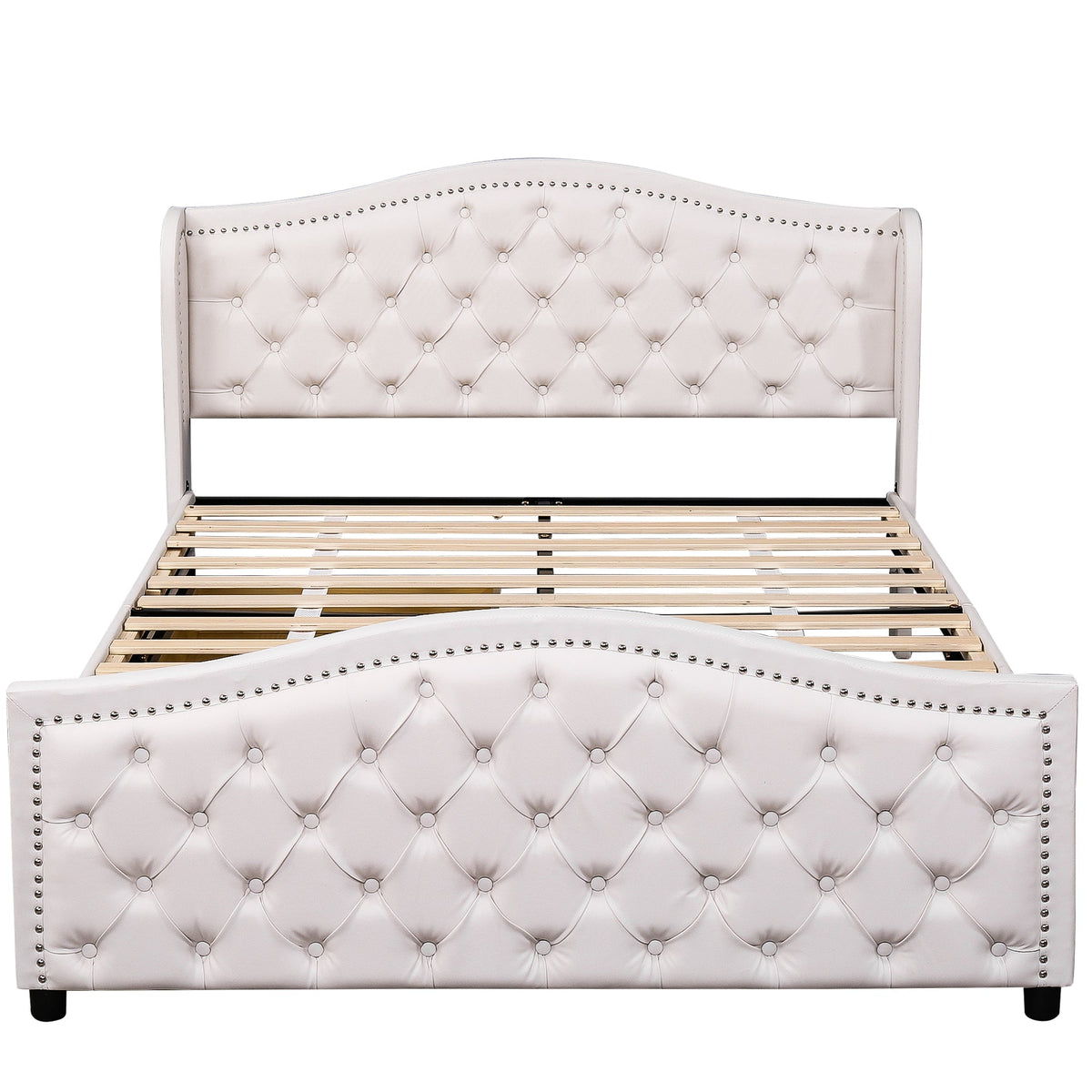 Upholstered Bed 160x200cm with 2 Drawers Rivet Headboard - White Faux Leather