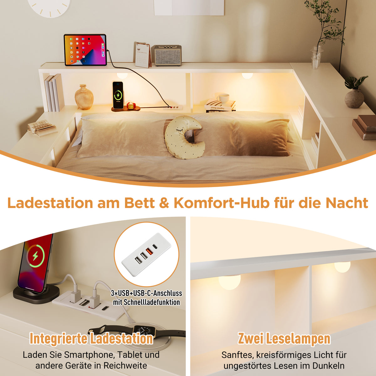 Wooden Double Bed 140x190cm with Storage & USB, White
