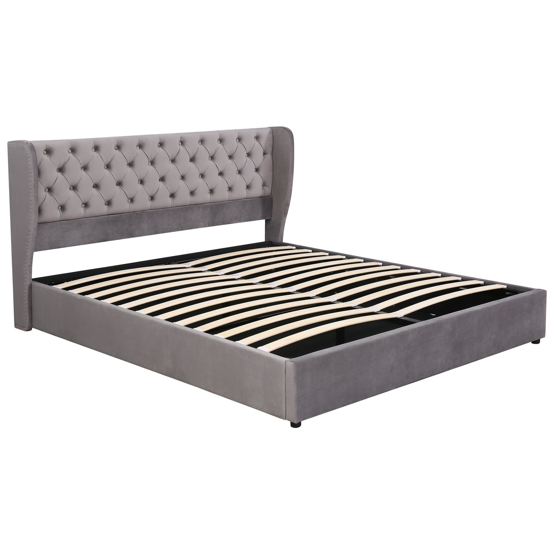 Upholstered Bed 160x200cm Ear-Shaped Hydraulic Storage Slatted Frame - Velvet Grey