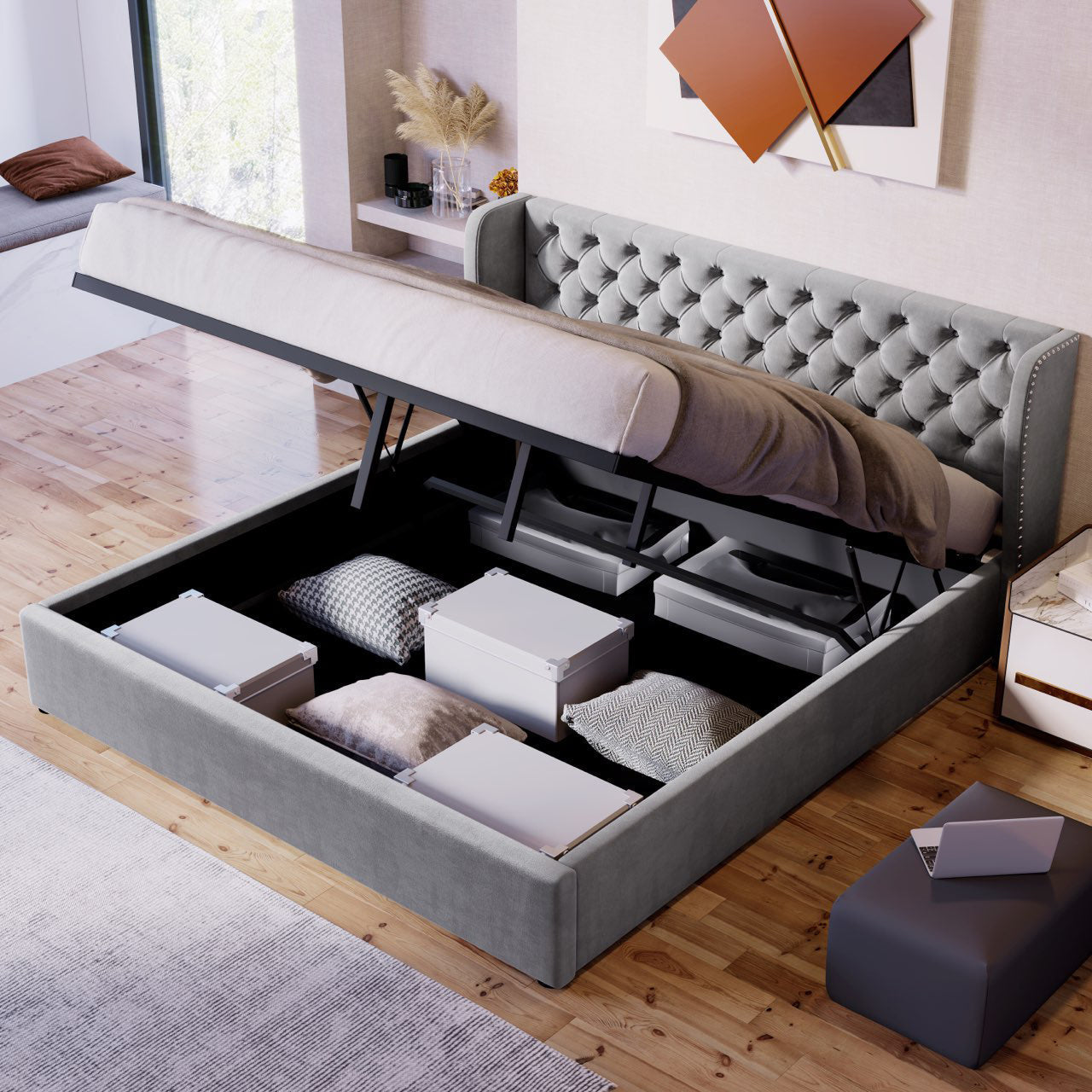Upholstered Bed 160x200cm Ear-Shaped Hydraulic Storage Slatted Frame - Velvet Grey