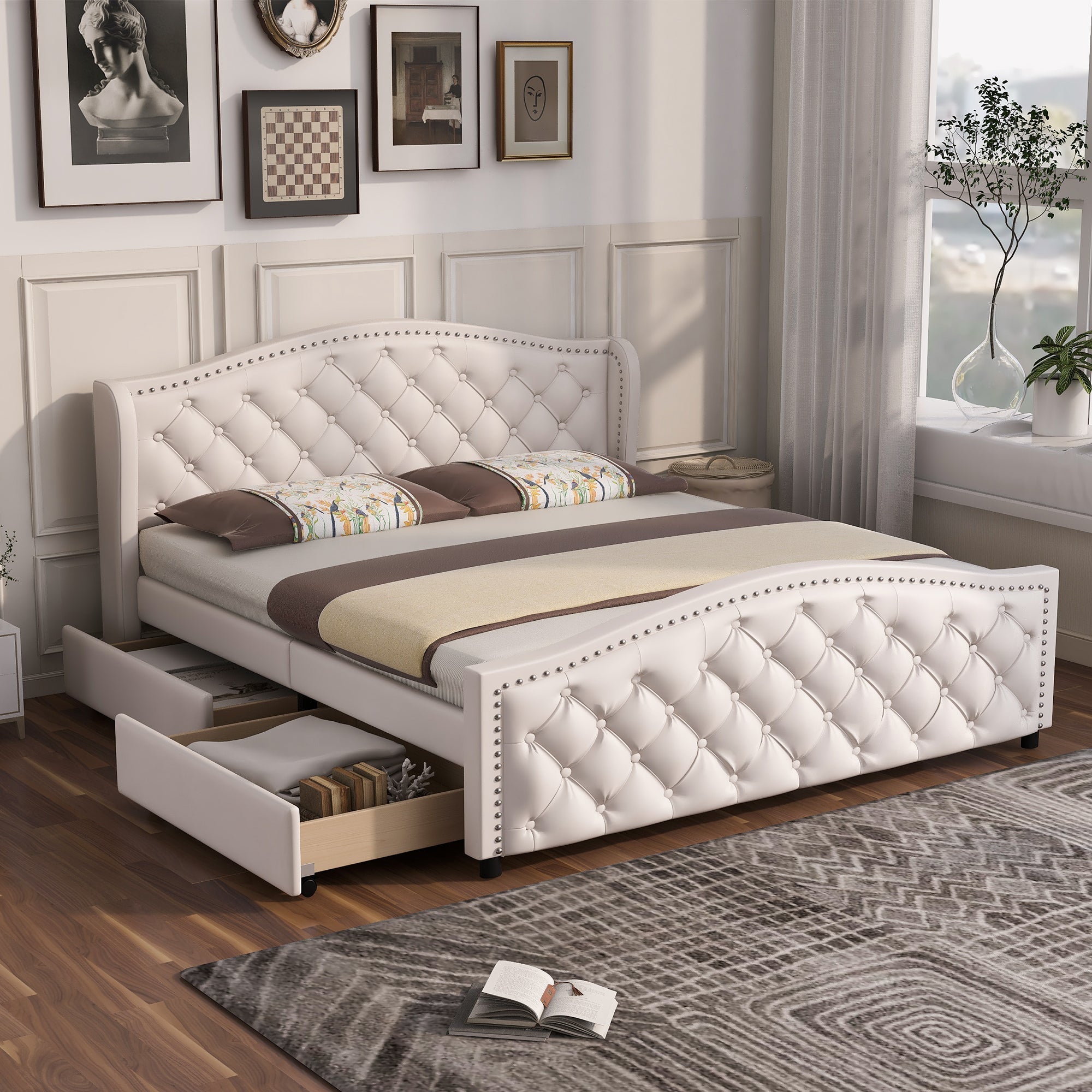 Upholstered Bed 160x200cm with 2 Drawers Rivet Headboard - White Faux Leather
