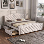 Upholstered Bed 160x200cm with 2 Drawers Rivet Headboard - White Faux Leather