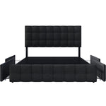 Upholstered Bed with 4 Drawers, Adjustable Headboard, 140x200cm, Black Linen