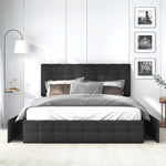 Upholstered Bed with 4 Drawers, Adjustable Headboard, 140x200cm, Black Linen